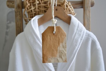 empty tag tied with a string to a white bathrobe, on a wooden hanger - obrazy, fototapety, plakaty