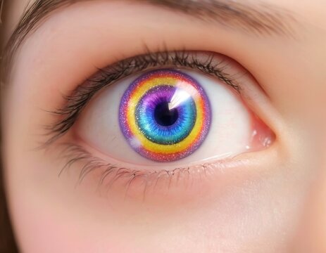 Close-up view of an eye with a multicolored iris, reminiscent of a rainbow, ideal for use in vibrant and lively stock images