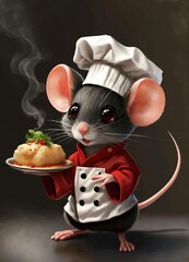 Cute and super adorable mouse in a black and red chef coat and chef hat, holding a steaming entree.
