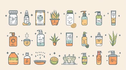 Flat line icon set for treating hair loss. Shampoo ph, dandruff, hair growth, keratin, conditioner bottle vector illustrations. Signs that outline the beauty store 