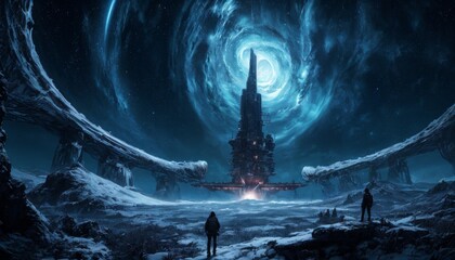 A lone figure stands before an otherworldly tower piercing a swirling galactic vortex in a frozen landscape, a scene mixing elements of sci-fi and nature's majesty. - obrazy, fototapety, plakaty