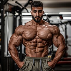 Fototapeta na wymiar A Middle Eastern bodybuilder, posing to display his symmetrical muscle growth, the result of years of dedication, in the competitive atmosphere of a bodybuilding gym.