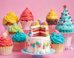 A colorful collection of richly frosted cupcakes surrounds a sliced celebration cake, showcasing a delightful variety of decorations and a peek at the layered interior.