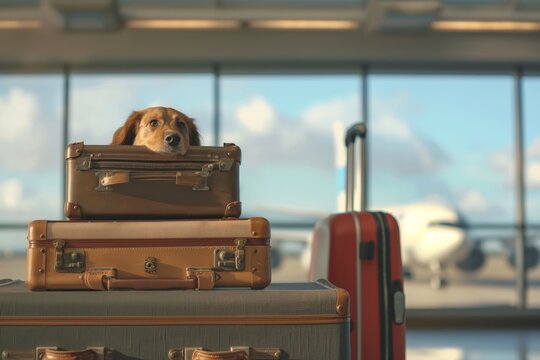 Traveling with a dog, pet and luggage in the waiting room, transporting animals on public transport plane and train