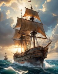 An awe-inspiring tall ship sails the turbulent ocean waters under a dynamic sky, with another ship visible in the distant horizon. - obrazy, fototapety, plakaty