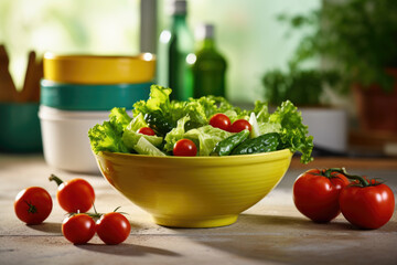 Full bowl of fresh salad on a wooden table in a kitchen.