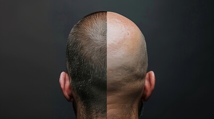 The balding man's head both pre- and post-hair transplant surgery. A man whose hair is falling out has grown shaggy. a poster promoting a hair transplant center. Baldness treatment.