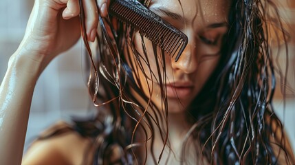 Woman with thin hair problem using comb to brush her wet, untidy hair after bath. Hair Damage: A Concept for Health and Beauty. - obrazy, fototapety, plakaty