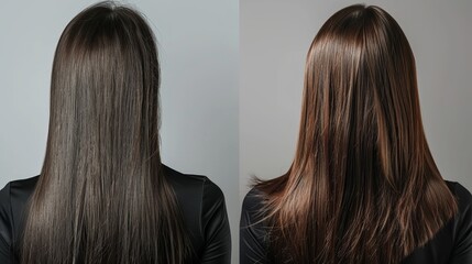 Woman's Hair on a Grey Background Before and After Hair Straightening