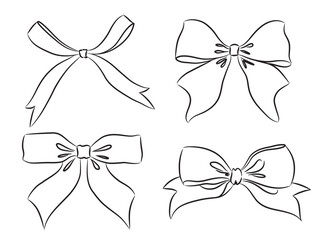 Line drawing of gift ribbon bow on white background. Set of bows for your designs. Vector illustration.