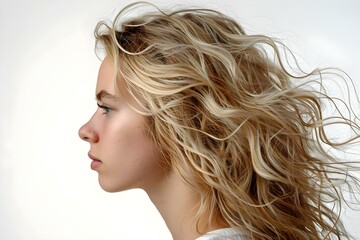 Transformation of Blonde Woman's Hair with Curly Texture Styled and Treated in a Salon on a White Background. Concept Hair Transformation, Blonde Woman, Curly Texture, Salon Treatment