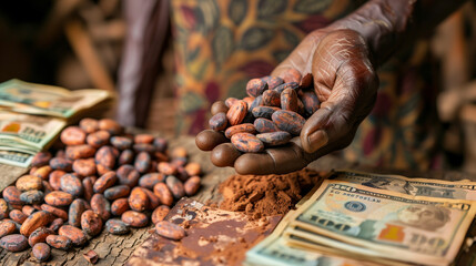 hand holding a handful of cocoa beans with money, cocoa bean prices rise concept 