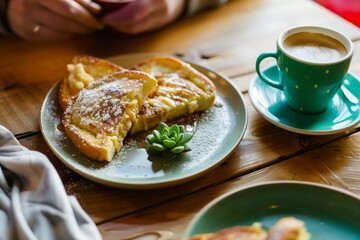 person with french toast, small succulent on table, bright coffee cup - 769507766