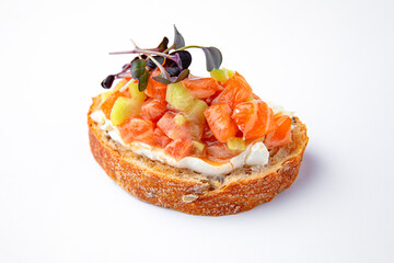 Salmon bruschetta on a white background. Banquet festive dishes. Gourmet restaurant menu. White background.