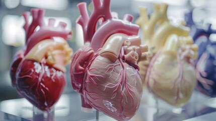 A collection of colorful human heart models on display, showcasing different aspects of cardiac anatomy for educational purposes. - obrazy, fototapety, plakaty
