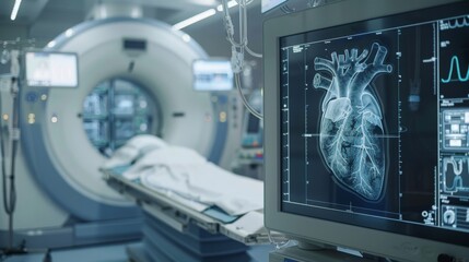 Advanced computed tomography (CT) scanner in a hospital room displaying a detailed scan of a human heart on the monitor.