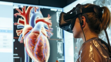 A medical student explores human cardiac anatomy through a virtual reality headset in a modern educational setting.