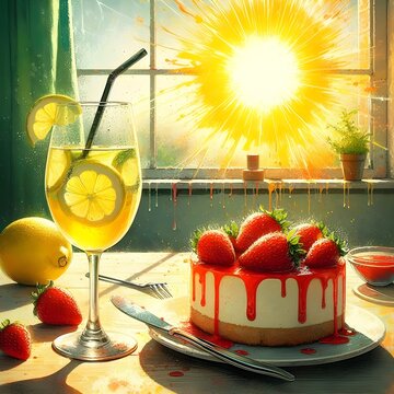 A glass of lemonade and a slice of cheesecake with a bright sun background.