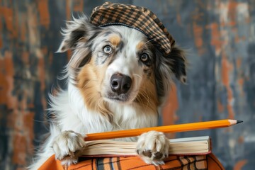 border collie in a cap, with an oversized pencil in its paws
