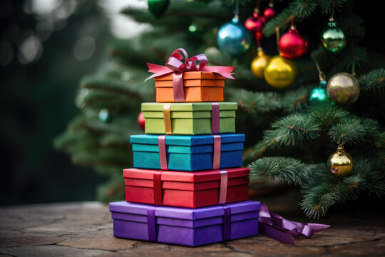 A pile of multicolor gift boxes with ribbons on bright background. Greeting card concept.