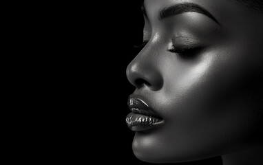 Black and white fashion portrait of a beautiful African American woman with closed eyes, glossy lips, set against a sleek black backdrop, providing ample copy space for text