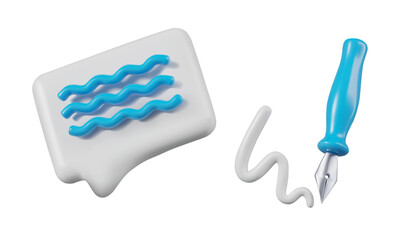 Comment sign with blue lines, metal pen. Set of vector objects for design