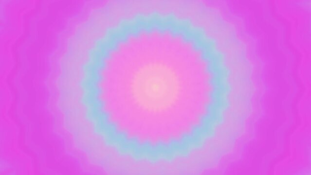 Abstract pastel animated background with burst of flower mandala. Blurry radiating concentric rings in a seamless loop. 2D animation. Light blue, soft peach, lilac, cyan, pale yellow, pink, fuchsia