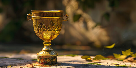 Christian chalice golden wine symbolizing sacrament and spirituality, The golden monstrance with a little transparent crystal center consecrated host church defocused background.

 - obrazy, fototapety, plakaty