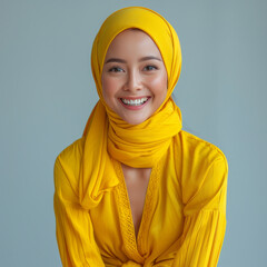 Studio shot of smiling arab lady wearing a yellow scarf and dress is smiling isolated on blue background