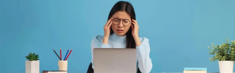 Chinese professional woman is stressed and frustrated thinking about problems at her desk. Copy space