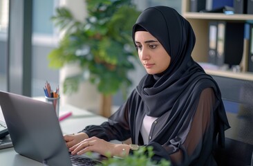 Muslim smiling businesswoman at a desk working on a laptop in the office