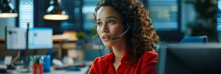 Female call center assistant engaged in a customer call with a headset in a office environment with copy space