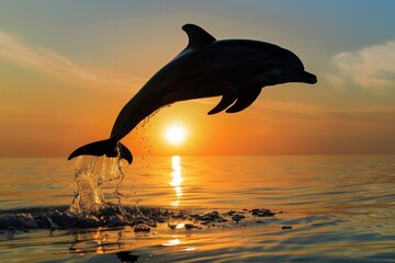 silhouette of a dolphin jump at sunset near the shore