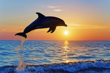 silhouette of a dolphin jump at sunset near the shore