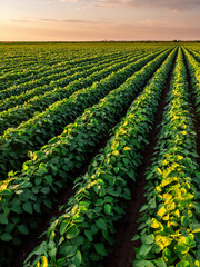 Warm sunset light bathing the endless rows of a vibrant soybean crop
