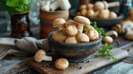 Champignon mushrooms on a wooden table. Rich harvest of champignons.