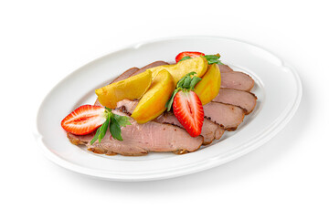 Meat slices on a white plate. Banquet festive dishes. Gourmet restaurant menu. White background.