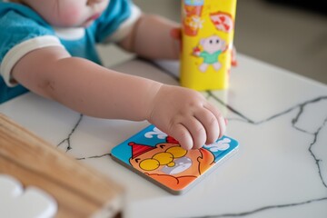 child placing a cartoonthemed coaster for a juice box