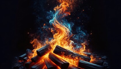 Intense Flames Rising From a Bonfire Against a Dark Night Background