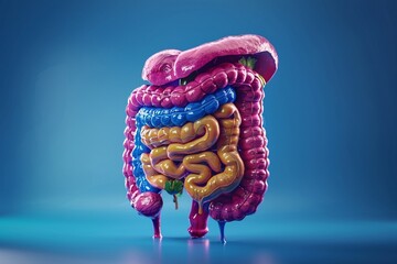 Human digestive system anatomy on blue color background. 3d illustration - obrazy, fototapety, plakaty