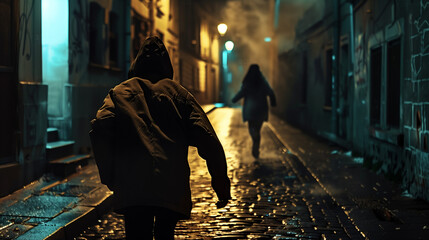 Back view of hooded figure following woman at night.