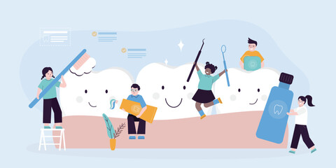 Healthy teeth. Happy multiethnic friends kids with oral care tools - brush, toothpaste, floss. Healthy teeth after brushing and whitening. Pediatric stomatology