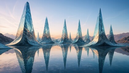 Crystal ice spires rise majestically from a serene lake, their reflections creating a symmetrical vision of natural artistry and calm.
