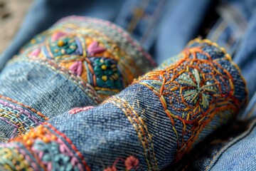 Fototapeta premium closeup of embroidered denim cuffs with intricate thread work
