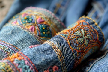 closeup of embroidered denim cuffs with intricate thread work