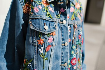 person wearing embroidered denim jacket with floral patterns