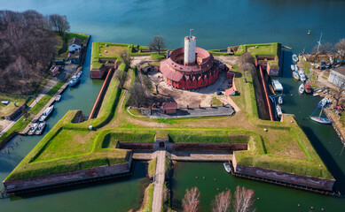 Aerial landscape of the Wisloujscie fortress at spring , Gdansk. Poland. - obrazy, fototapety, plakaty