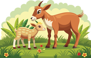 baby-goat-and-heh-mother-eating--grass-vector-illu.eps