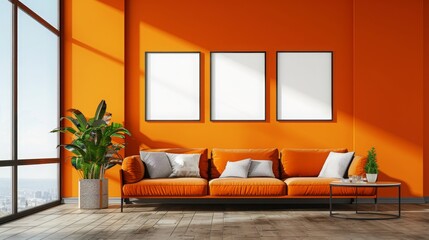 a wall with blank white portrait frames with modern orange color interior design and furniture