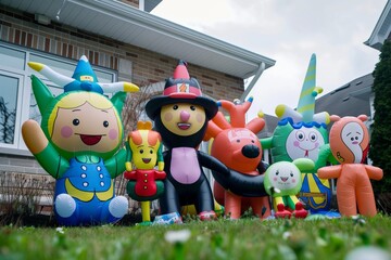 inflatable characters adorning the front lawn for a themed party